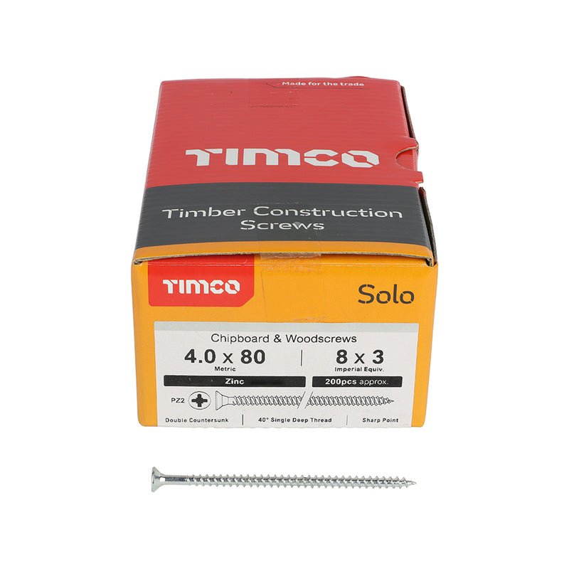 TIMco Solo Countersunk Silver Woodscrews - 4.0 x 80 - 200 Pieces