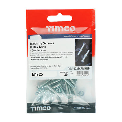 TIMco Machine Countersunk Screws & Hex Nut Silver - M4 x 25 - 30 Pieces