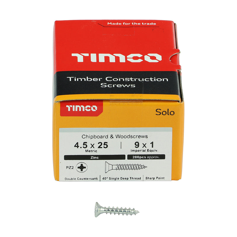 TIMco Solo Countersunk Silver Woodscrews - 4.5 x 25 - 200 Pieces