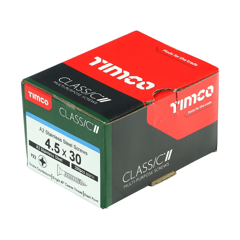 TIMco Classic Multi-Purpose Countersunk A2 Stainless Steel Woodcrews - 4.5 x 30 - 200 Pieces