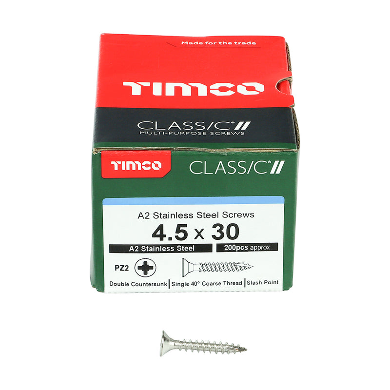TIMco Classic Multi-Purpose Countersunk A2 Stainless Steel Woodcrews - 4.5 x 30 - 200 Pieces