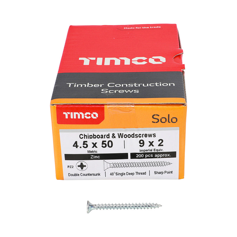 TIMco Solo Countersunk Silver Woodscrews - 4.5 x 50 - 200 Pieces