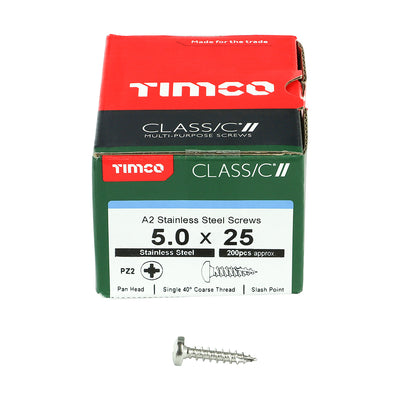TIMco Classic Multi-Purpose Pan Head A2 Stainless Steel Woodcrews - 5.0 x 25 - 200 Pieces