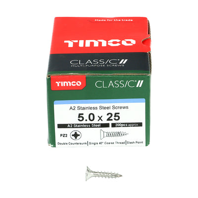 TIMco Classic Multi-Purpose Countersunk A2 Stainless Steel Woodcrews - 5.0 x 25 - 200 Pieces