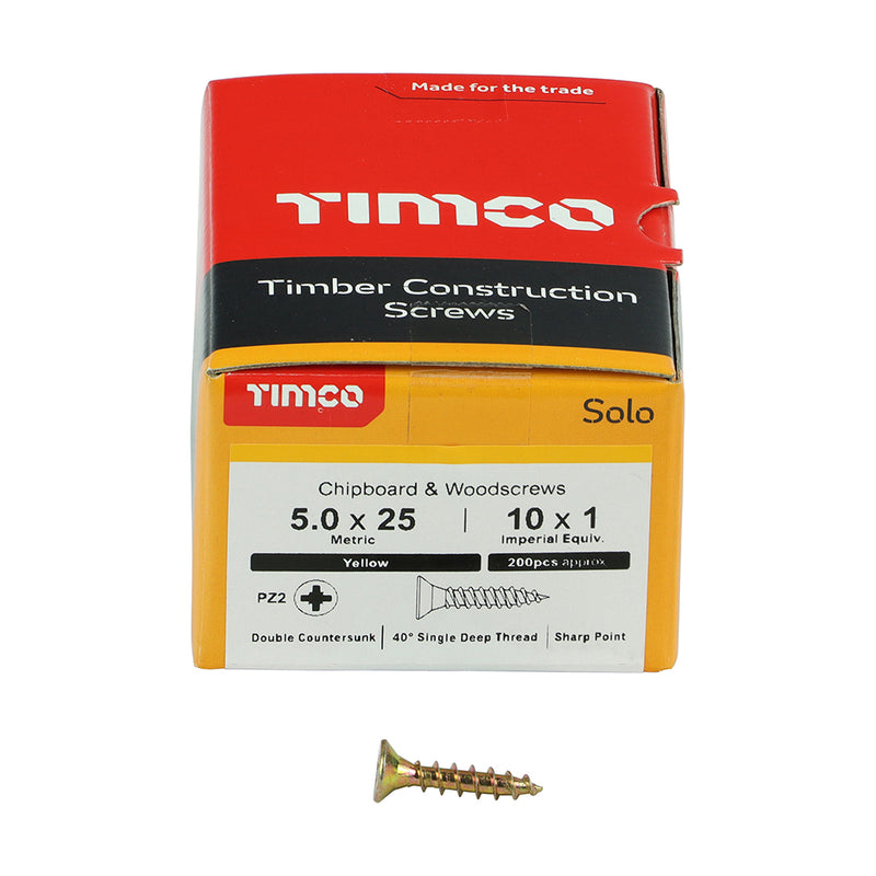 TIMco Solo Countersunk Gold Woodscrews - 5.0 x 25 - 200 Pieces