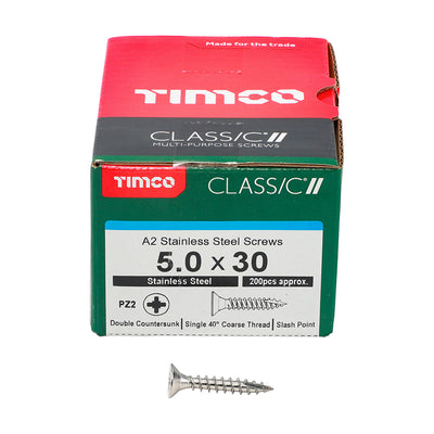 TIMco Classic Multi-Purpose Countersunk A2 Stainless Steel Woodcrews - 5.0 x 30 - 200 Pieces