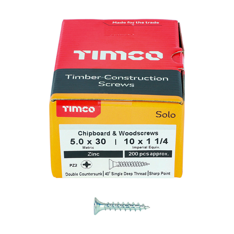 TIMco Solo Countersunk Silver Woodscrews - 5.0 x 30 - 200 Pieces