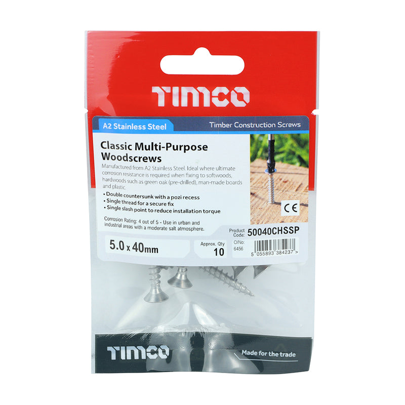 TIMco Classic Multi-Purpose Countersunk A2 Stainless Steel Woodcrews - 5.0 x 40 - 10 Pieces