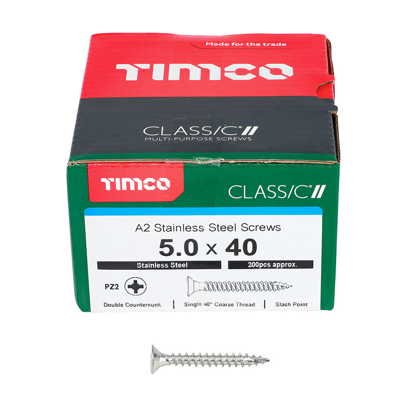 TIMco Classic Multi-Purpose Countersunk A2 Stainless Steel Woodcrews - 5.0 x 40 - 200 Pieces
