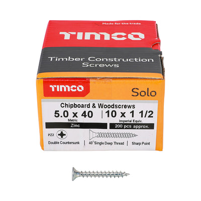 TIMco Solo Countersunk Silver Woodscrews - 5.0 x 40 - 200 Pieces