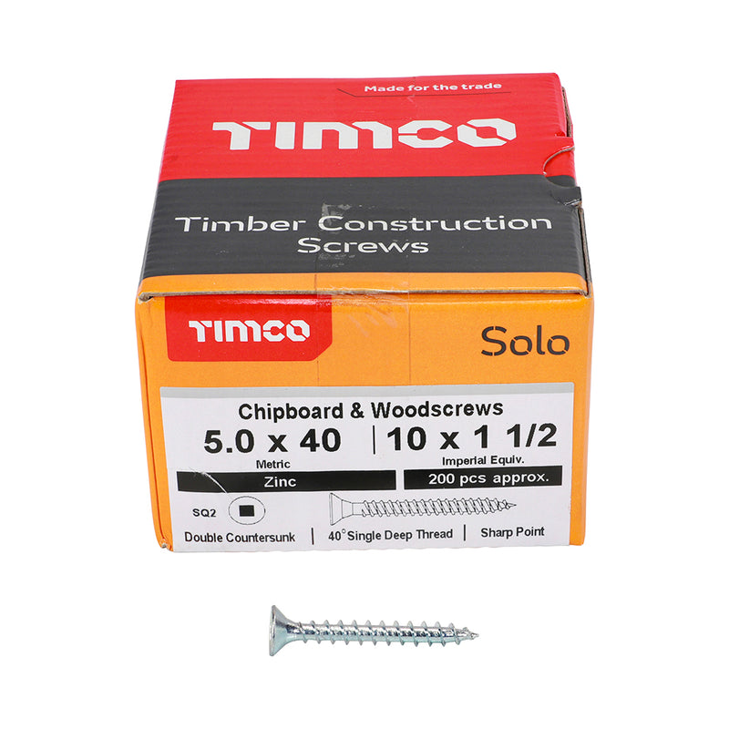 TIMco Solo Countersunk Silver Square Recess Woodscrews - 5.0 x 40 - 200 Pieces