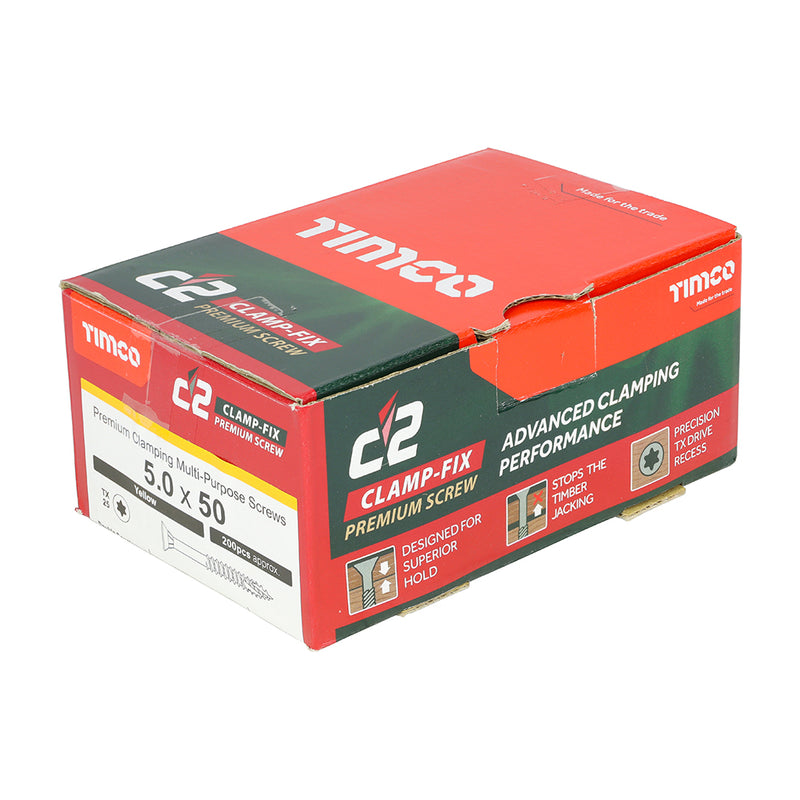 TIMco C2 Clamp-Fix Multi-Purpose Premium Countersunk Gold Woodscrews - 5.0 x 50 - 200 Pieces