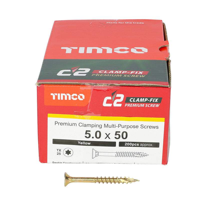 TIMco C2 Clamp-Fix Multi-Purpose Premium Countersunk Gold Woodscrews - 5.0 x 50 - 200 Pieces