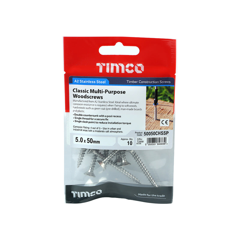 TIMco Classic Multi-Purpose Countersunk A2 Stainless Steel Woodcrews - 5.0 x 50 - 10 Pieces