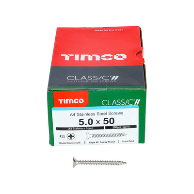 TIMco Classic Multi-Purpose Countersunk A4 Stainless Steel Woodcrews - 5.0 x 50 - 200 Pieces