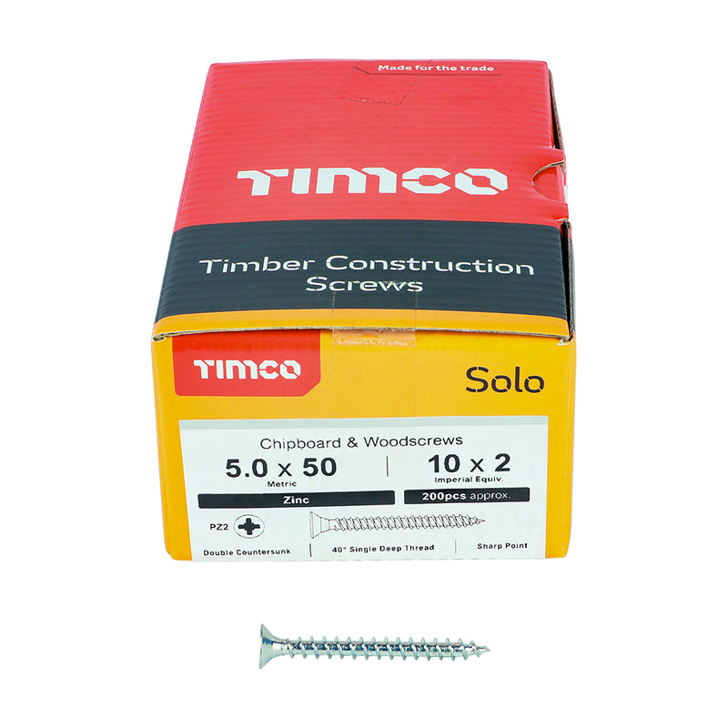 TIMco Solo Countersunk Silver Woodscrews - 5.0 x 50 - 200 Pieces