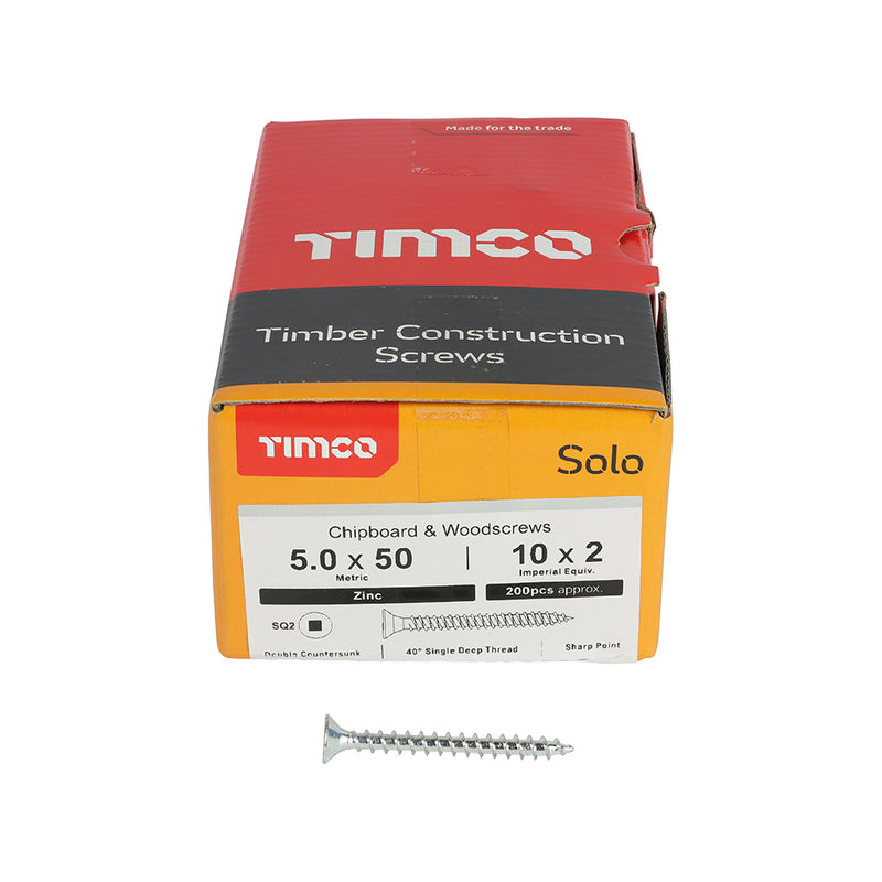 TIMco Solo Countersunk Silver Square Recess Woodscrews - 5.0 x 50 - 200 Pieces