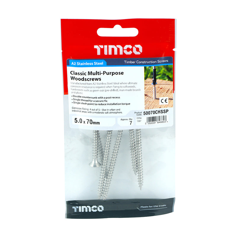 TIMco Classic Multi-Purpose Countersunk A2 Stainless Steel Woodcrews - 5.0 x 70 - 7 Pieces