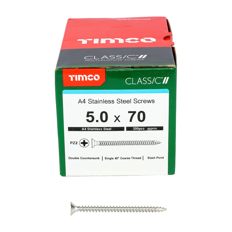 TIMco Classic Multi-Purpose Countersunk A4 Stainless Steel Woodcrews - 5.0 x 70 - 200 Pieces