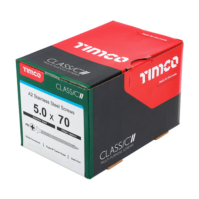 TIMco Classic Multi-Purpose Countersunk A2 Stainless Steel Woodcrews - 5.0 x 70 - 200 Pieces