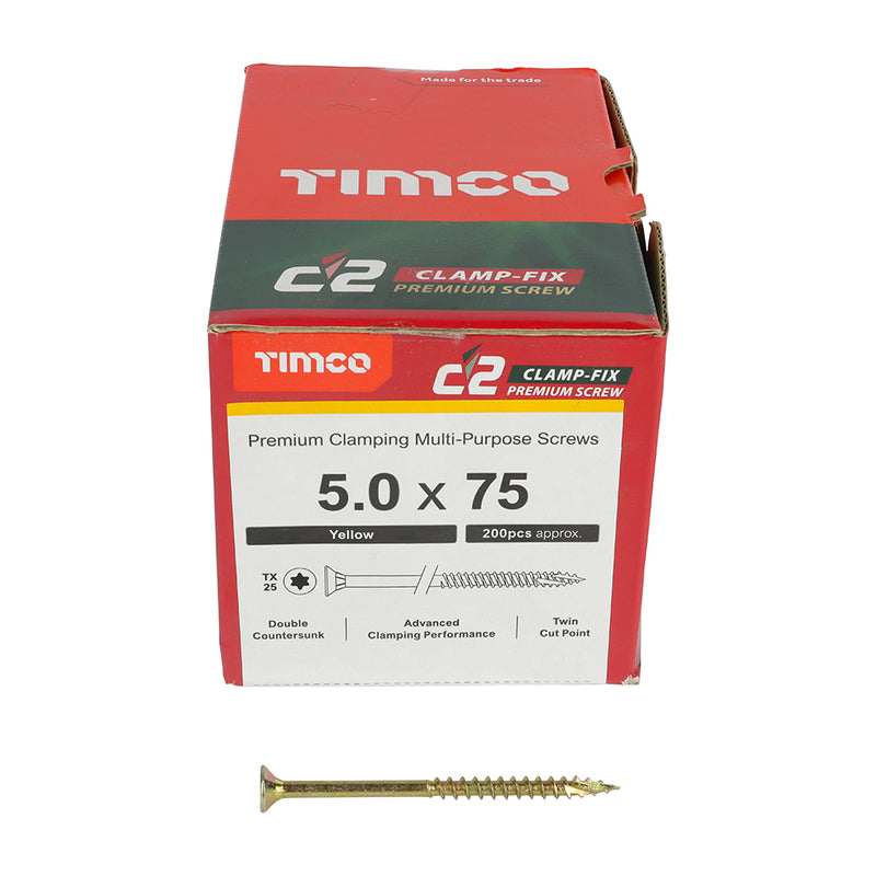 TIMco C2 Clamp-Fix Multi-Purpose Premium Countersunk Gold Woodscrews - 5.0 x 75 - 200 Pieces