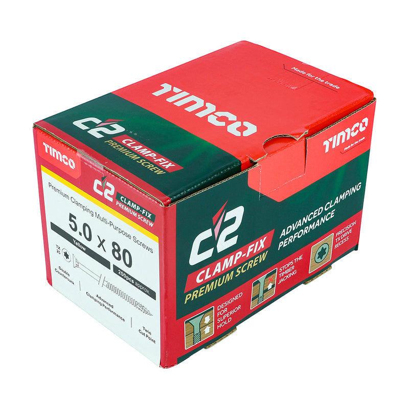TIMco C2 Clamp-Fix Multi-Purpose Premium Countersunk Gold Woodscrews - 5.0 x 80 - 200 Pieces
