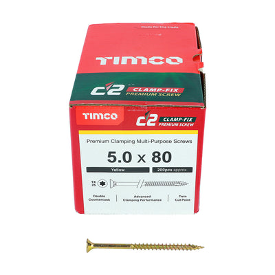 TIMco C2 Clamp-Fix Multi-Purpose Premium Countersunk Gold Woodscrews - 5.0 x 80 - 200 Pieces