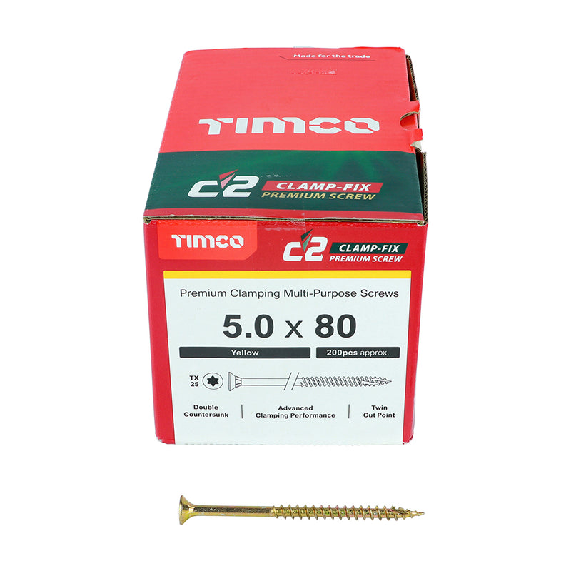 TIMco C2 Clamp-Fix Multi-Purpose Premium Countersunk Gold Woodscrews - 5.0 x 80 - 200 Pieces