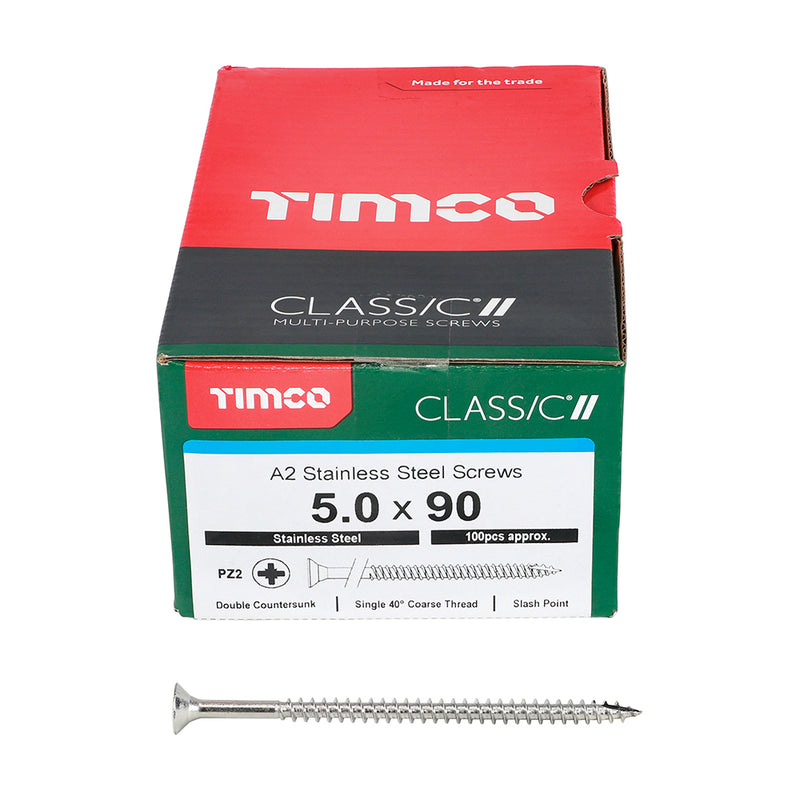 TIMco Classic Multi-Purpose Countersunk A2 Stainless Steel Woodcrews - 5.0 x 90 - 100 Pieces