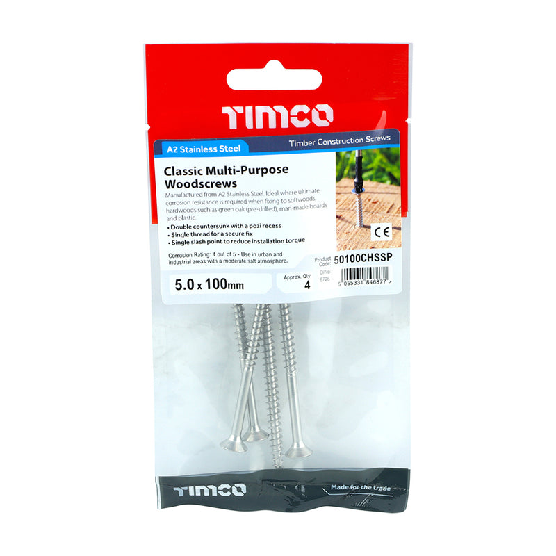 TIMco Classic Multi-Purpose Countersunk A2 Stainless Steel Woodcrews - 5.0 x 100 - 4 Pieces