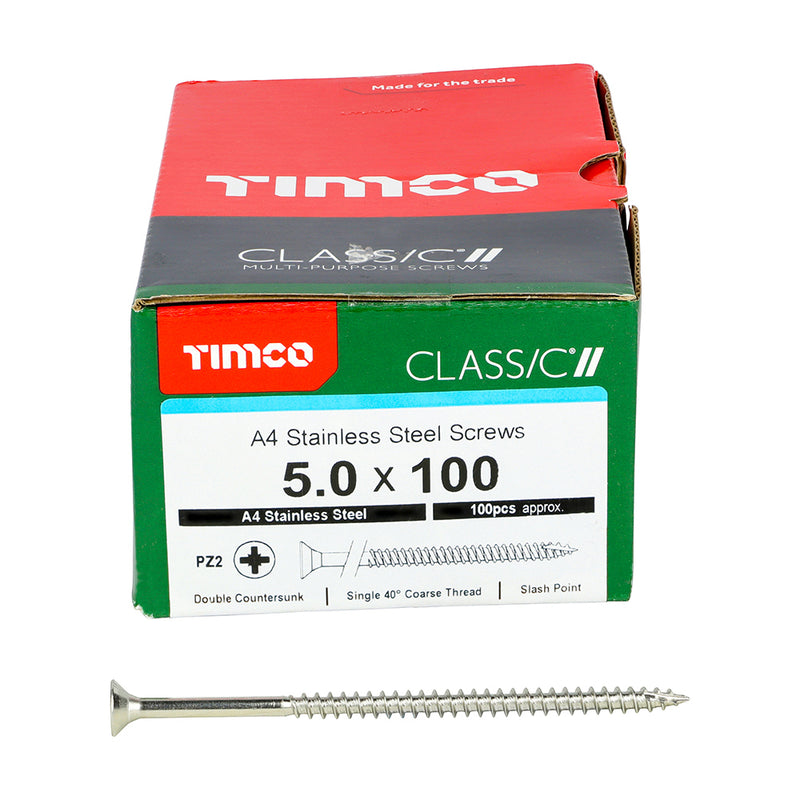 TIMco Classic Multi-Purpose Countersunk A4 Stainless Steel Woodcrews - 5.0 x 100 - 100 Pieces