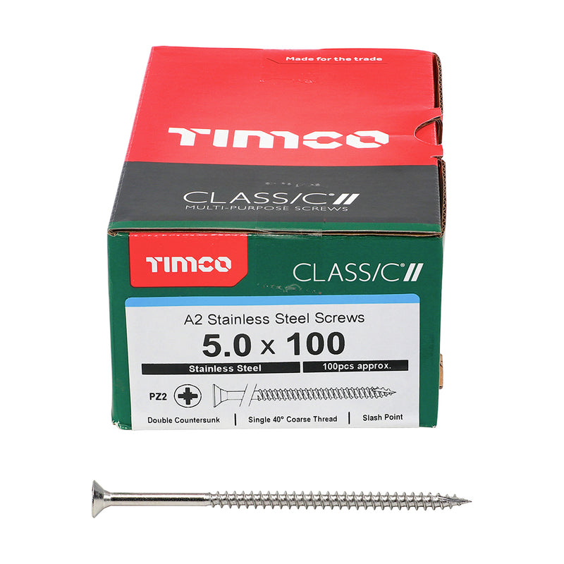 TIMco Classic Multi-Purpose Countersunk A2 Stainless Steel Woodcrews - 5.0 x 100 - 100 Pieces