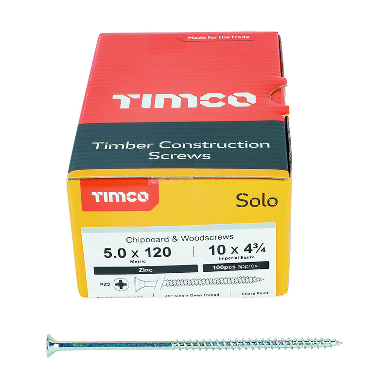 TIMco Solo Countersunk Silver Woodscrews - 5.0 x 120 - 100 Pieces