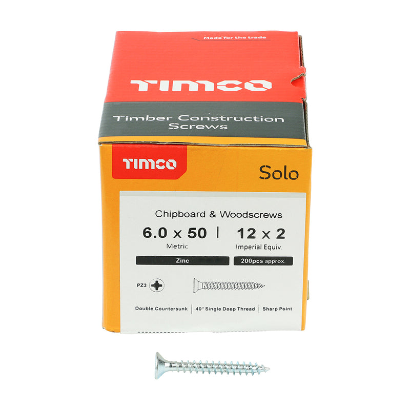 TIMco Solo Countersunk Silver Woodscrews - 6.0 x 50 - 200 Pieces