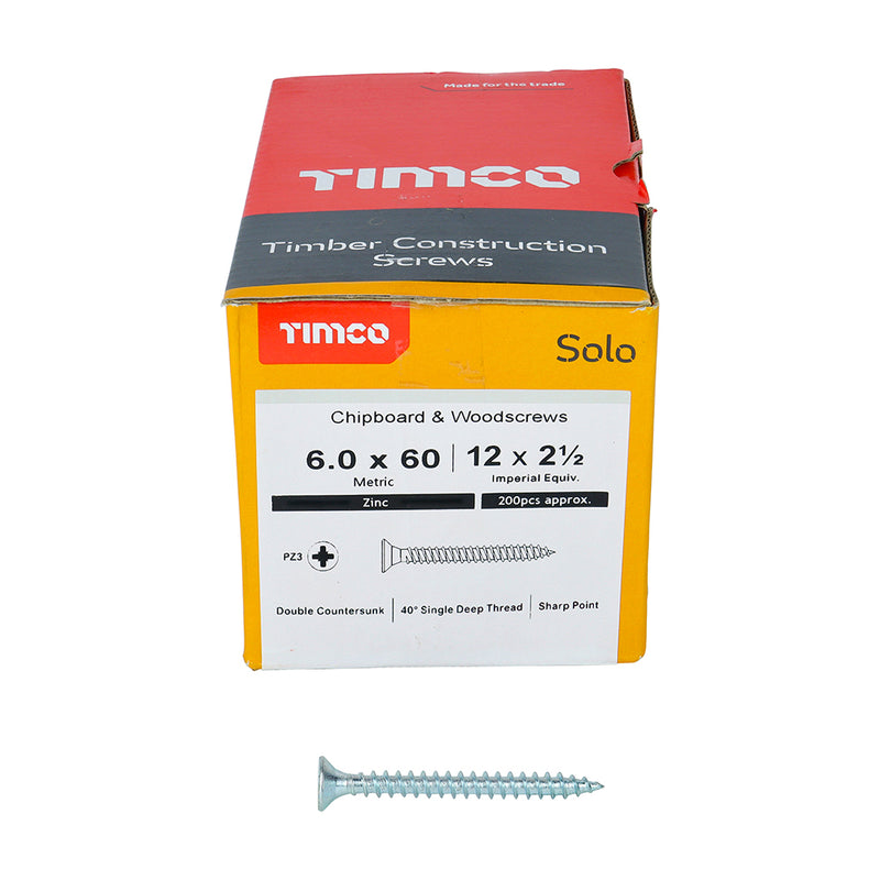 TIMco Solo Countersunk Silver Woodscrews - 6.0 x 60 - 200 Pieces