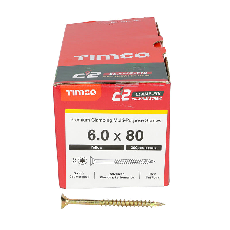 TIMco C2 Clamp-Fix Multi-Purpose Premium Countersunk Gold Woodscrews - 6.0 x 80 - 200 Pieces