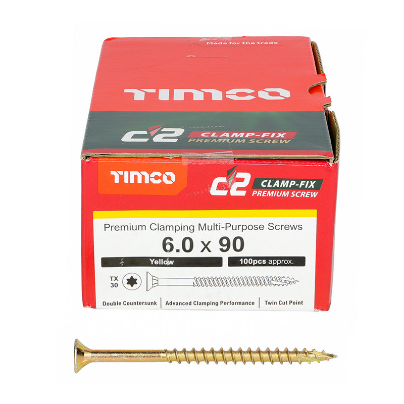TIMco C2 Clamp-Fix Multi-Purpose Premium Countersunk Gold Woodscrews - 6.0 x 90 - 100 Pieces