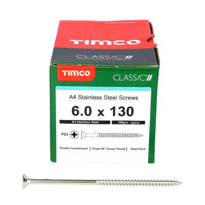 TIMco Classic Multi-Purpose Countersunk A4 Stainless Steel Woodcrews - 6.0 x 130 - 100 Pieces