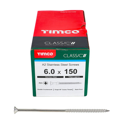TIMco Classic Multi-Purpose Countersunk A2 Stainless Steel Woodcrews - 6.0 x 150 - 100 Pieces