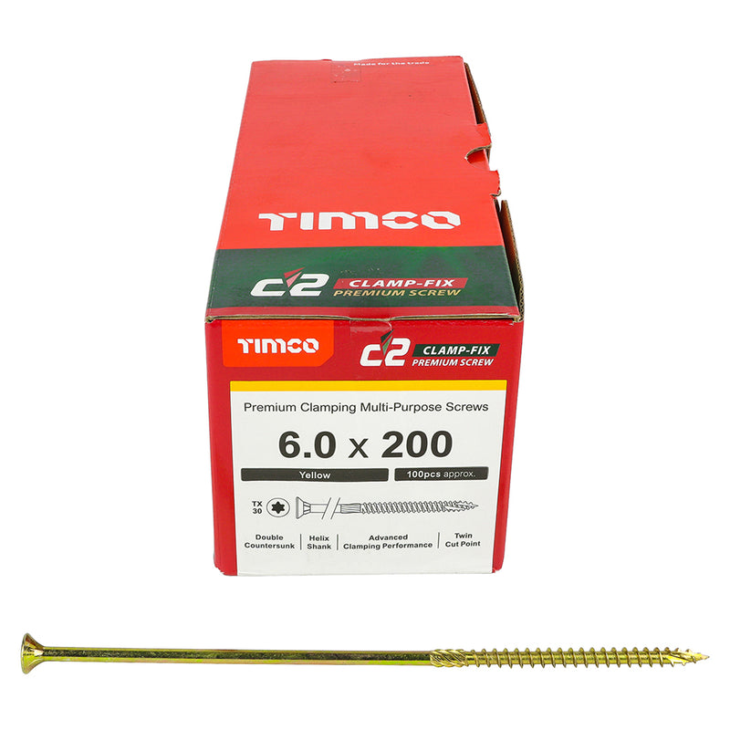 TIMco C2 Clamp-Fix Multi-Purpose Premium Countersunk Gold Woodscrews - 6.0 x 200 - 100 Pieces