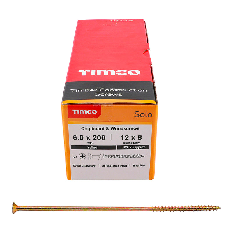 TIMco Solo Countersunk Gold Woodscrews - 6.0 x 200 - 100 Pieces