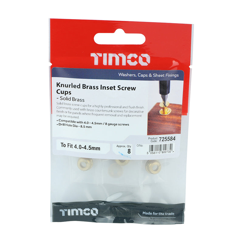 TIMco Knurled Brass Inset Screw Cup - To fit 4.0, 4.2, 4.5 Screw - 8 Pieces