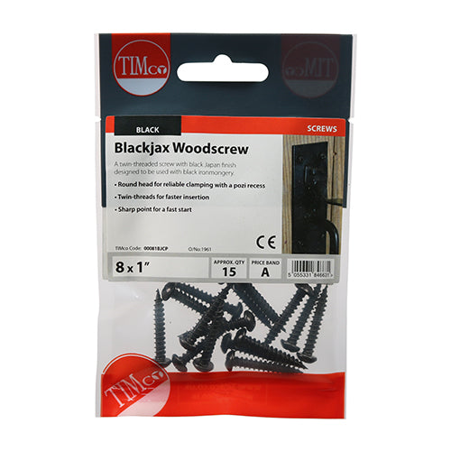 TIMco Twin-Threaded Round Head Black Woodscrews - 8 x 1 - 15 Pieces