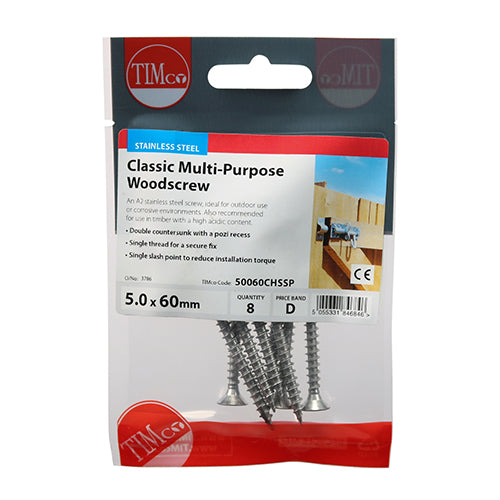 TIMco Classic Multi-Purpose Countersunk A2 Stainless Steel Woodcrews - 5.0 x 60 - 8 Pieces