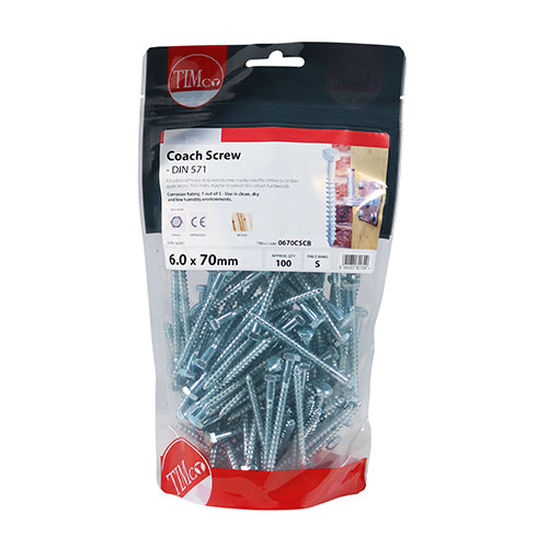 TIMco Coach Screws Hex Head Silver  - 6.0 x 70 - 200 Pieces