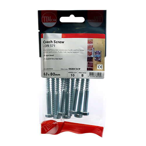 TIMco Coach Screws Hex Head Silver  - 6.0 x 80