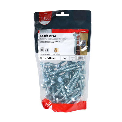 TIMco Coach Screws Hex Head Silver  - 8.0 x 50 - 75 Pieces