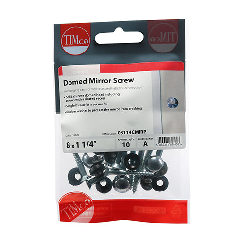 TIMco Mirror Screws Dome Head Chrome - 8 x 1 1/4 - 10 Pieces