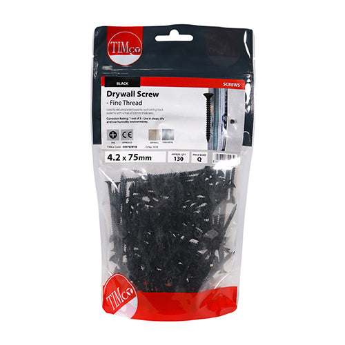 TIMco Drywall Fine Thread Bugle Head Black Screws - 4.2 x 75 - 130 Pieces