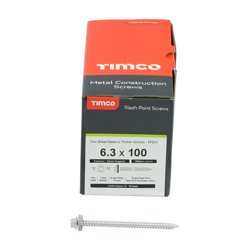 TIMco Slash Point Sheet Metal to Timber Screws Exterior Silver with EPDM Washer - 6.3 x 100 - 100 Pieces